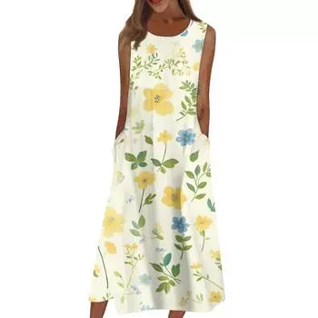 Жен. Повседневные платья с принтом Круглый вырез Классический Классический На открытом воздухе Повседневные Без рукавов Свободные платья S