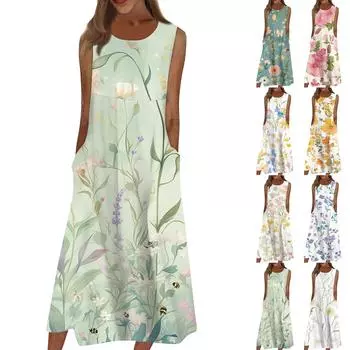 Жен. Повседневные платья с принтом Круглый вырез Классический Классический На открытом воздухе Повседневные Без рукавов Свободные платья L темно-зеленого