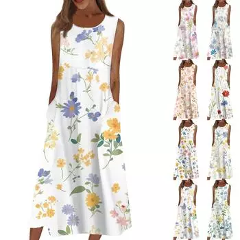 Жен. Повседневные платья с принтом Круглый вырез Классический Классический На открытом воздухе Повседневные Без рукавов Свободные платья L