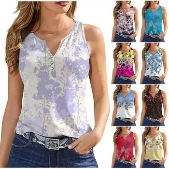 Жен. Пуговицы с принтом Без рукавов Повседневные Мода Базовый топ с v-образным вырезом Обычный Топ M фиолетовый