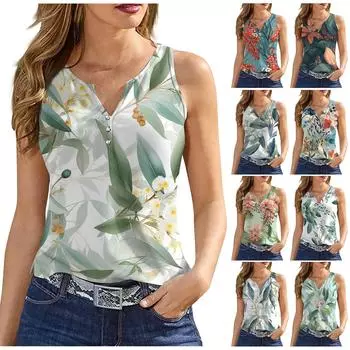 Жен. Пуговицы с принтом Без рукавов Повседневные Мода Базовый топ с v-образным вырезом Обычный Топ L