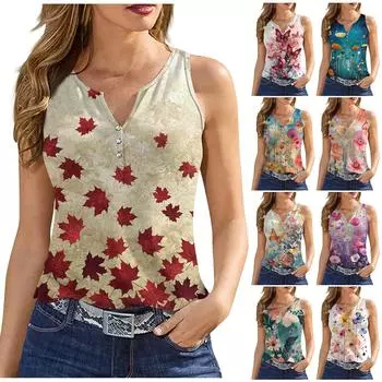 Жен. Пуговицы с принтом Без рукавов Повседневные Мода Базовый топ с v-образным вырезом Обычный Топ L синий