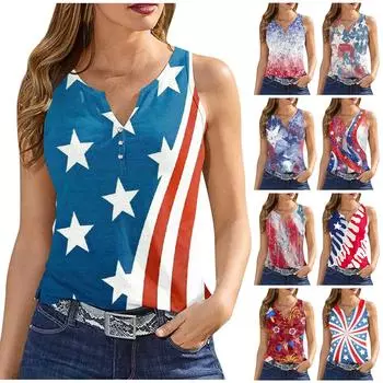 Жен. Пуговицы с принтом Без рукавов Повседневные Мода Базовый топ с v-образным вырезом Обычный Топ L синий