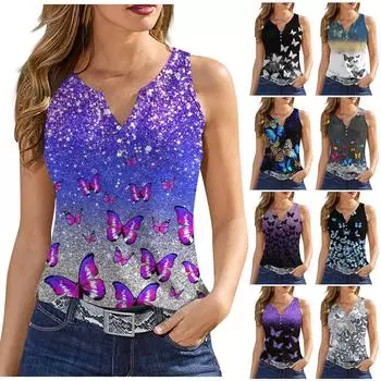 Жен. Пуговицы с принтом Без рукавов Повседневные Мода Базовый топ с v-образным вырезом Обычный Топ L чёрный