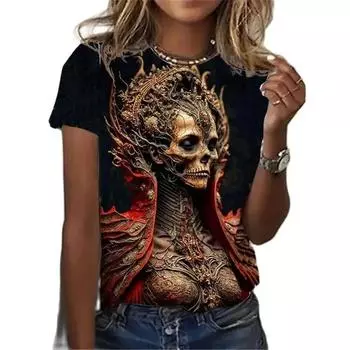 Жен. Ретро Скелет Лицо Модный пуловер с 3D принтом Подходит для всех сезонов Повседневные С короткими рукавами Полиэстер Круглый вырез XS