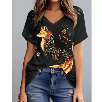 Жен. Сексуальный пуловер с v-образным вырезом и черепом по индивидуальному заказу с 3D принтом Подходит для всех сезонов Повседневные С короткими рукавами Полиэстер 5XL