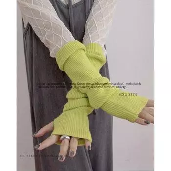 Zheng Duojin Fashionable Item Knitting Long Pile Style Oversleeve Female Early Autumn Pure Color Subculture Sexy Half Finger Gloves Fashion Grass Green