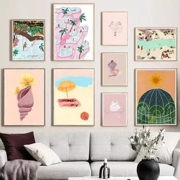 Женщина Бассейн Настенная Живопись Холст Печать Картина Тропический Пустыня Пляж Плакат Абстрактная Картина Для Гостиной Украшения Дома 21x30cm No Framed оранжевый