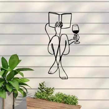 Женщина читает книгу с вином, металлическое украшение стены, книги и вино, минималистское линейное искусство, украшение стены дома чёрный