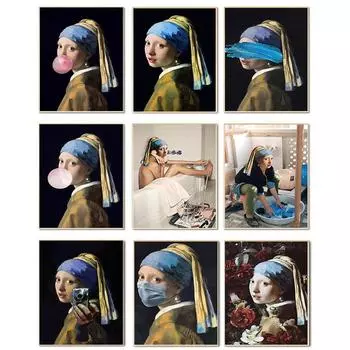 Женщина Девушка Жемчужные Серьги Пузырь Ретро Стена Искусства Холст Картины Плакаты на Скандинавскую тему и принты Настенные Панно Для Декора Гостиной Без Рамки 21*30cm