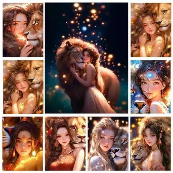 Женщина Фея Ангел Эльф Девушка 5D Diy Алмазная картина Мозаика Волшебный Таинственный Большой Кот, Тигр Лев Diy Алмазная вышивка Full Round 20x30CM