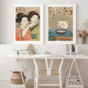 Женщина кричит на кошку Плакат Винтажный домашний декор Забавное украшение Картина на холсте Искусство Японская гейша Настенная печать Комната без рамки 21x30cm No Framed красный
