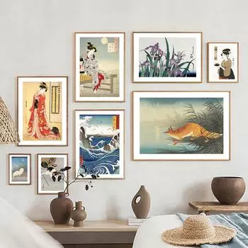 Женщина лиса кошка журавль серфинг цветок японские плакаты укиё-э и принты настенная живопись на холсте для гостиной декоративные картины A4 21X30cm No Framed