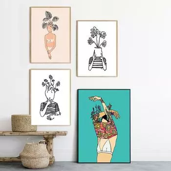 Женщина с цветами носит постеры с растениями, скандинавские обнаженные тела, холст, живопись, принты, ботанический подарок любовнику, настенные панно для гостиной 21x30cm No Framed белый