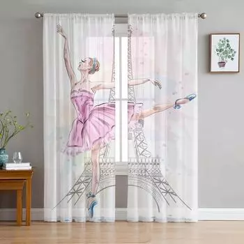 Женщина танцует Эйфелева башня Искусство Тюль Прозрачные шторы для гостиной Декорация окна Шторы для спальни Вуаль Органза Шторы W135 x H115cm x1&Rod Pocket
