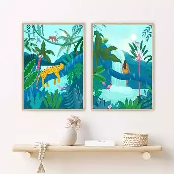 Женщина в джунглях Леопард Обезьяна Животные Плакаты Декор для дома Тропические принты на холсте Ботаническое настенное искусство Ретро Пейзаж Картины без рамки 21*30cm No Frame