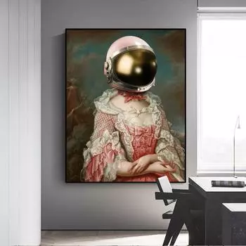 Женщина в забавном шлеме, написанном маслом в стиле ретро, плакат, гравюра на холсте, гостиная, поп-художник 21cm30cm NoFrame