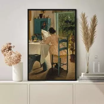 Женщина за завтраком читает газетный постер, винтажная репродукция картины, холст, белый цветочный принт, настенная художественная картина, декор для спальни 21x30cm No Framed