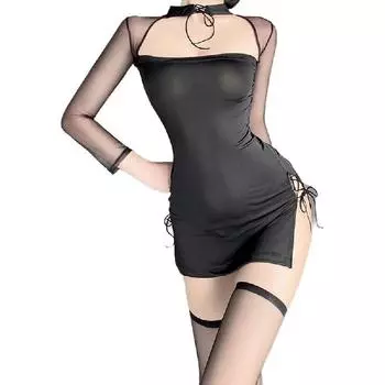 Женщины № 39;s Сексуальное Перспективное Cheongsam с воротником-стойкой и полым принтом, китайское классическое нижнее белье, ночная рубашка с боковыми разрезами Black3