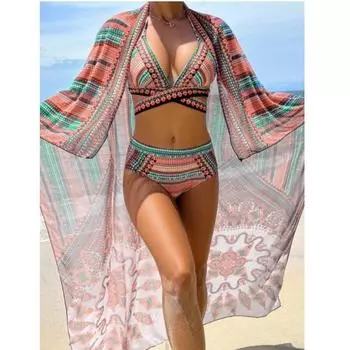 Женщины 3 шт. бикини сексуальный купальный костюм с высокой талией пляжные купальники женский летний купальник S зелёный