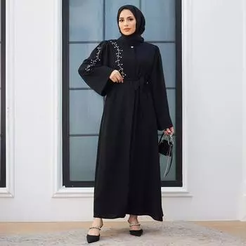 Женщины Абая с камнями на плече Исламская мусульманская одежда хиджаб Длинное платье с поясом Повседневный крой Сделано в Турции