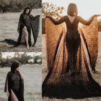 Женщины беременные сексуальные фотографии реквизит черное кружево длиной до пола платье для беременных Free Size чёрный