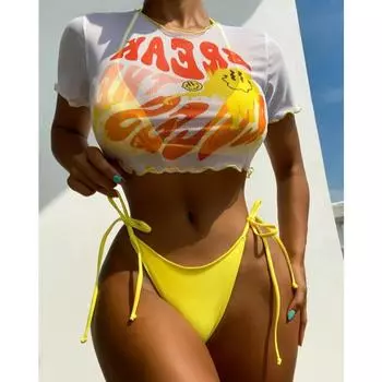 Женщины бикини 3 шт. сексуальный купальный костюм с высокой талией пляжные купальники женский летний купальник S