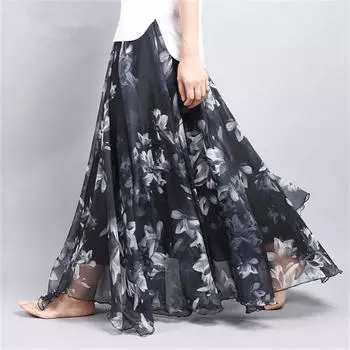 Женщины Boho длиной до пола, длинные пляжные вечеринки, свободные расклешенные винтажные богемные шифоновые юбки с цветочным принтом one size чёрный