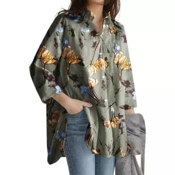Женщины большого размера с длинным верхним рукавом, повседневный воротник, разделенный подол, цветочный принт 4XL армия зеленый