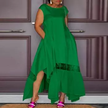 Женщины большого размера с круглым вырезом с коротким рукавом и кружевной строчкой, сплошное свободное платье M зелёный