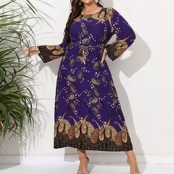 женщины Большой размер Этнический свободная длинная юбка кешью Принт Длинный рукав платье XXXXL