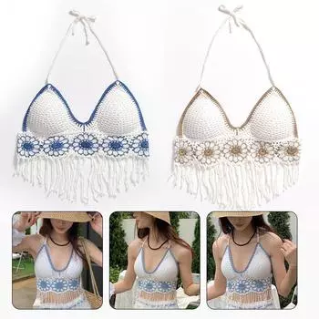 Женщины Цветок Камзол Вязание крючком Вышивка Холтер Шея Вязаный Жилет Бикини Сексуальная Богемная Полая