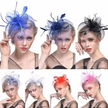 Женщины цветок сетки ленты перья повязка на голову коктейль чаепитие шляпа головные уборы One Size синий