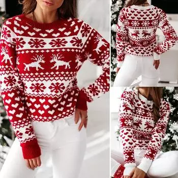 Женщины Дамы Новинка Рождественский Олень Снежинки Рождественский Вязаный Свитер Джемпер S красный