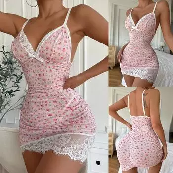 Женщины Дамы Сексуальное Мини Кружевное Белье Платье Bodycon Пижамы Ночная Рубашка Ночная Рубашка S розовый