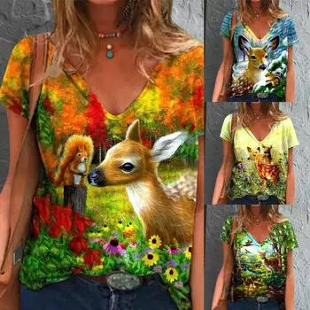 Женщины Девочки Летняя мода Повседневный пуловер Топы V-образный вырез Короткие рукава Принт Футболка S синий