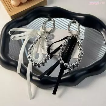 Женщины Девочки Серебряные Бусины Крутой Бантик Креативный Брелок Y2K Шелковая Лента Орнамент Модные Аксессуары розовый