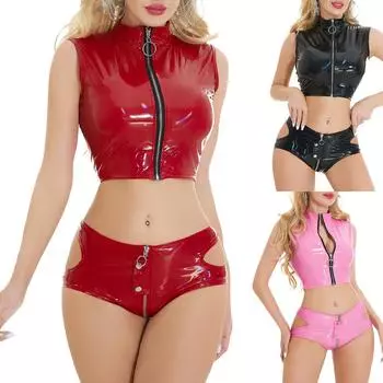 Женщины Девушки Диско Бар Ночной клуб Pole Dance Show Две части Латекс Мотоциклетные Байкерские Костюмы Рейв Вечеринка Набор для Танцевального Представления L