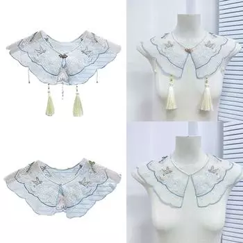 Женщины Девушки Китайский Стиль Вышитые Бабочки Ложный Воротник Жемчужные Кисточки Юньцзянь Шаль Шарф Болеро для Винтажного Платья A