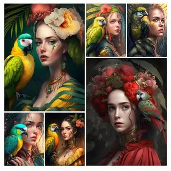 Женщины и попугаи Алмазная картина Новые поступления Животные Diy Полный квадратный круглый дрель Стразы Вышивка Девушка Мозаика Наборы для вышивки крестом Настенный декор Square drill 30x40cm