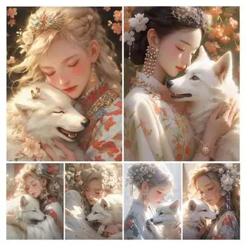 Женщины и волк Алмазная картина Новые поступления Животные Diy Полный квадратный круглый дрель Стразы Вышивка Девушка Мозаика Наборы для вышивки крестом Настенный декор Square drill 30x40cm