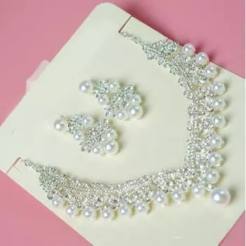 Женщины искусственный жемчуг горный хрусталь кулон ожерелье серьги Корона Тиара комплект ювелирных изделий Stud Earrings