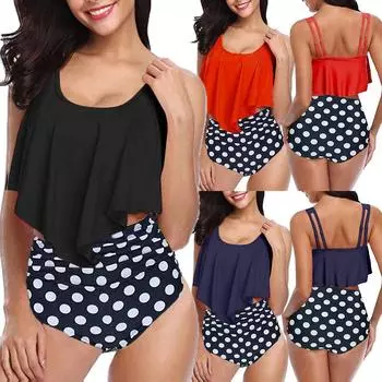 Женщины из двух частей плюс размер сексуальный комплект купальников с открытой спиной в горошек XXL чёрный