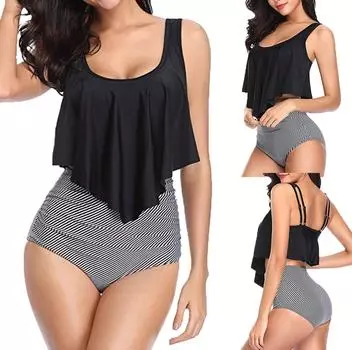 Женщины из двух частей плюс размер сексуальный комплект купальников с открытой спиной и цветочным принтом XXL чёрный