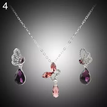 Женщины Коктейль Кристалл Бабочка Цирконий Ожерелье Серьги-гвоздики Комплект ювелирных изделий океан синий