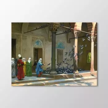 Женщины кормят голубей во дворе Картина