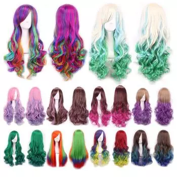 Женщины леди длинные волосы парик вьющиеся волнистые синтетические аниме косплей вечерние полные парики One Size