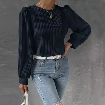 Женщины леди Длинный рукав кружева шить блузка туники топы рубашки S тёмно-синий