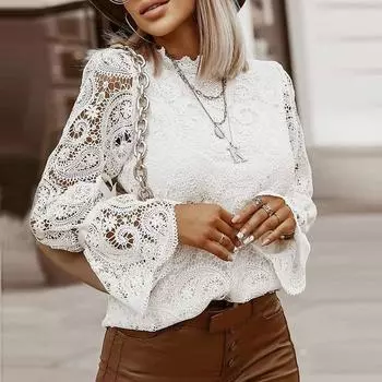 Женщины леди Длинный рукав кружева шить блузка туники топы рубашки L белый