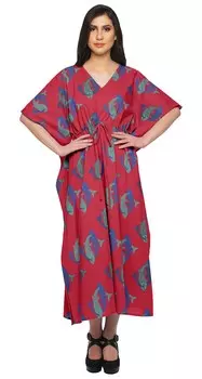 Женщины Moomaya Long Beach Kaftan Пляжная одежда Бикини Coverup Dress Kaftan Plus Size - 2XL-3XL ярко-красный